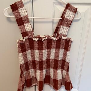 LOFT Rust and Cream Gingham Smocked Peplum Tank- SIZE SMALL!